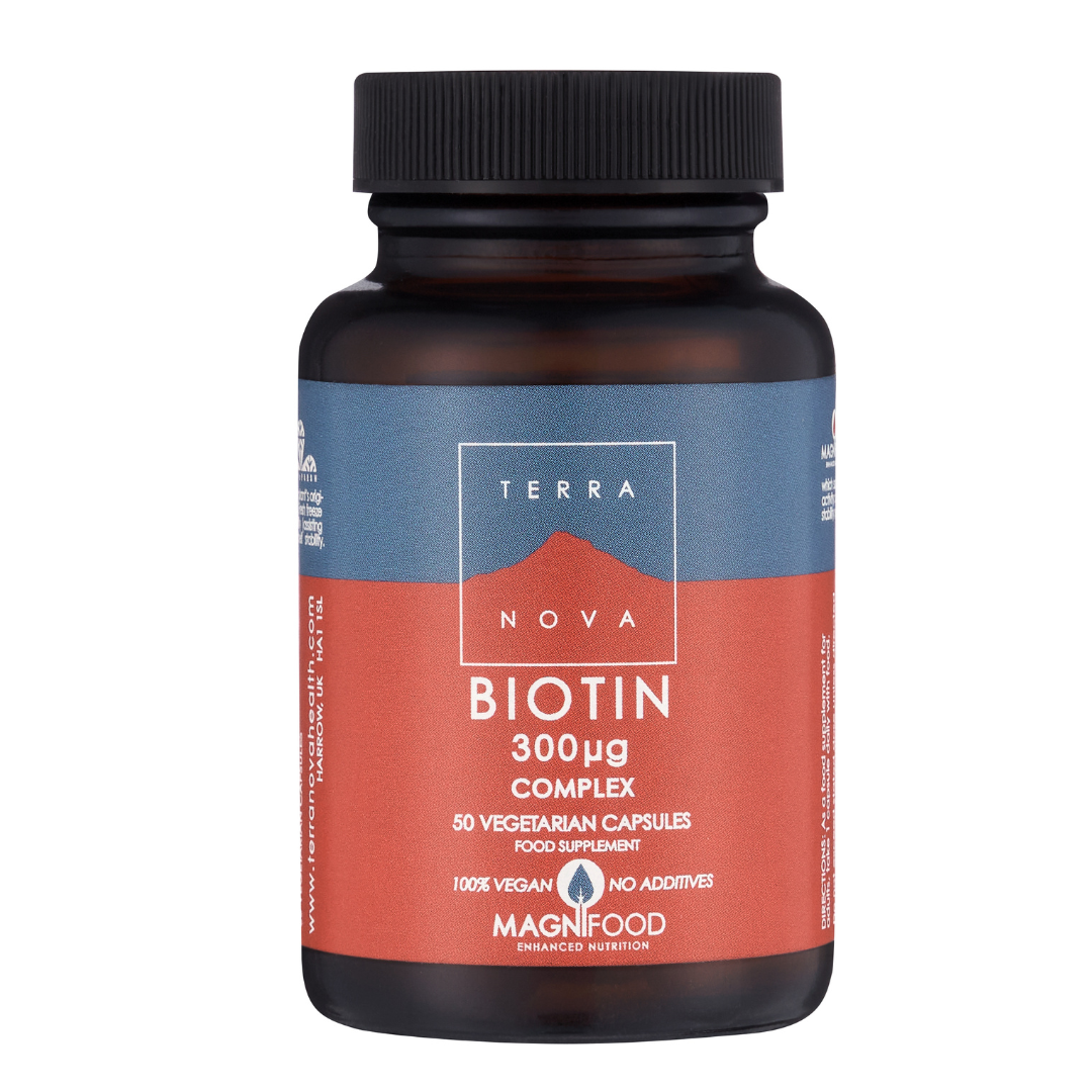Terranova Biotin Complex capsules for supporting healthy hair, skin and nails.